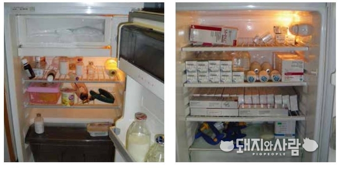 (좌) 바람직하지 못한 약품 보관: 음식, 음료, 사용된 약품, 주사기 등을 함께 보관하 면, 약품의 오염 또는 식품의 오염 위험성을 증가시 킵니다. 냉동칸의 가득찬 얼음은 냉장 온도에 영향 을 줄 수 있습니다. / (우) 바람직한 약품 보관