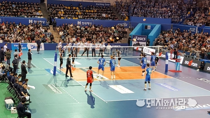 경기장 곳곳에 도드람 글자와 로고가 눈에 띱니다.