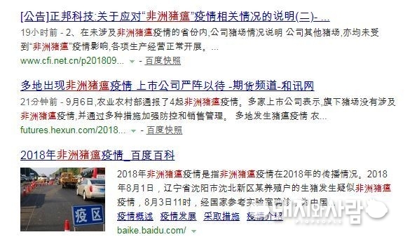 중국 인터넷 포털 내 ASF 관련 정보는 상당히 제한적입니다@바이두 갈무리 