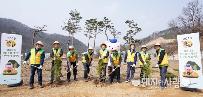 28일 오전, ‘아름다운 한돈 농장 가꾸기 나무심기 캠페인’에 참가한 관계자들이 충북 진천에 위치한 국민농장에서 나무를 심고 있다@한돈자조금