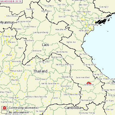 라오스의 ASf 발생지역(빨간원)@OIE