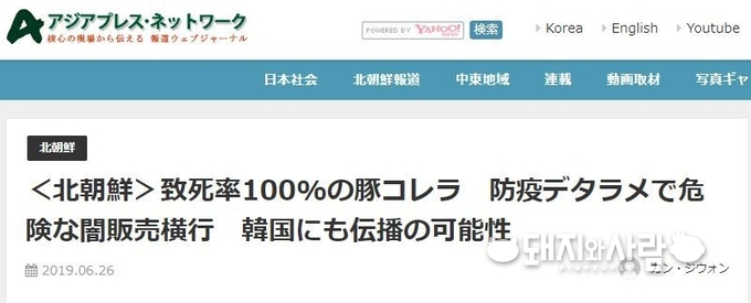 북한 ASF 소식을 보도한 26일자 아시아프레스 보도 갈무리