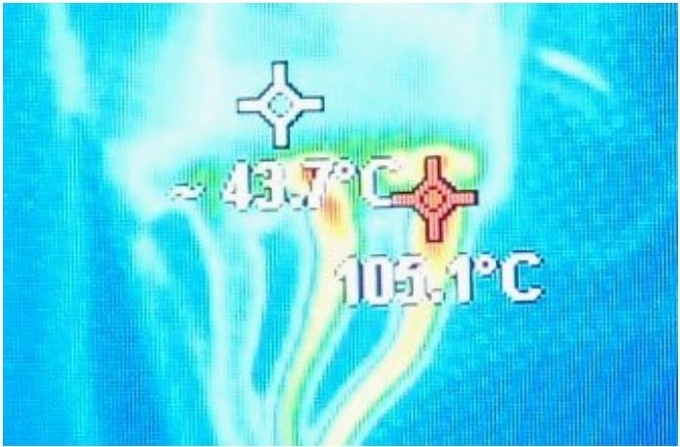 사진6. 열화상 카메라로 본 3상 수세기 접점온도