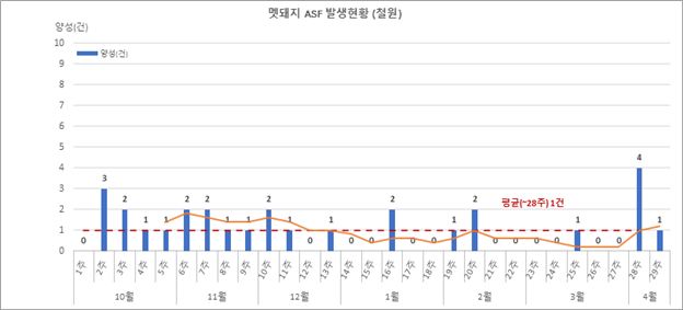 철원의 월별 주별 ASF 야생멧돼지 발생현황@환경부 