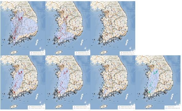 2014-2015 고병원성 조류인플루엔자 발생 시기별 전파과정 시각화 예시