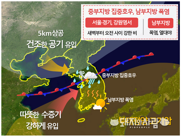 기상청, 8월 2일 새벽 기압계 모식도. 정체전선은 전선을 형성하는 두 기단의 세력이 비슷하여 한 곳에 오래 머무는 전선이며, 우리나라 초여름에 형성되는 장마전선은 대표적인 정체전선입니다@돼지와사람