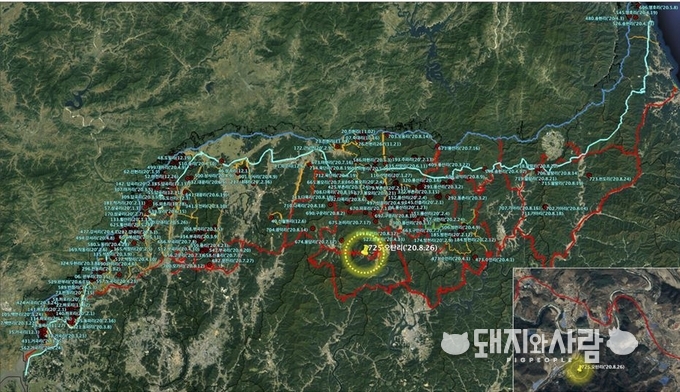 강원도 춘천시 사북면 오탄리 ASF 야생멧돼지 폐사체 발견지점@환경부 