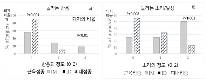 피내접종(ID)과 근육접종(IM) 실시 후 돼지의 놀라는 반응과 발성을 정도에 따라 0-2점으로 분류하였다. 그 결과 피내접종에서 돼지가 덜 놀라는 것을 볼 수 있다.