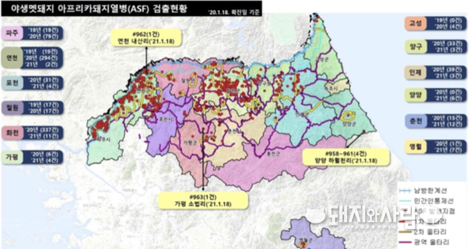 18일 기준 멧돼지 ASF 발생 현황(전국 누적 963건)@환경부