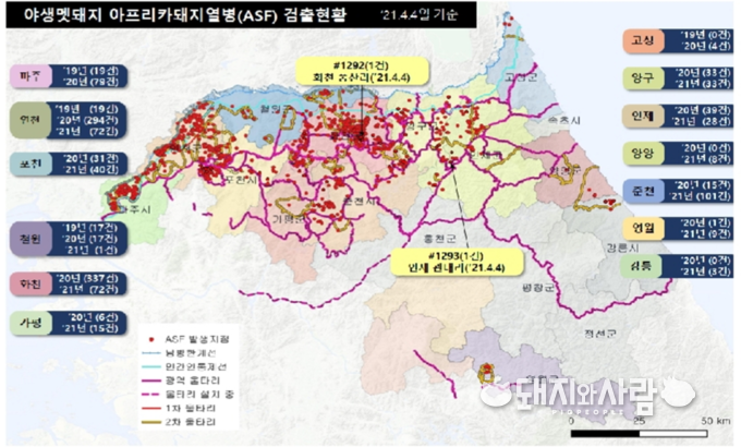 4일 기준 야생멧돼지 ASF 검출현황 및 울타리 건설 계획(점선)@환경부