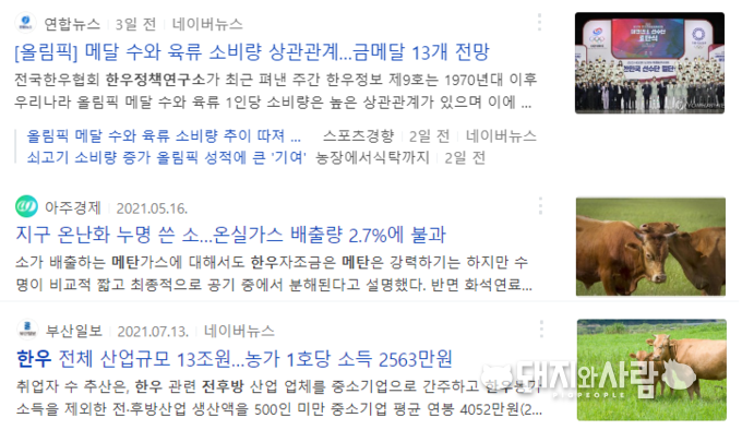 한우정책연구소 보도자료 관련 기사@네이버 검색 갈무리