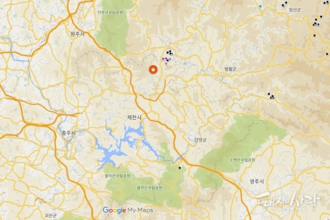 19일 제천시 용두산에서 ASF 양성 의심 멧돼지 폐사체(별표)가 확인되었습니다@구글지도 편집
