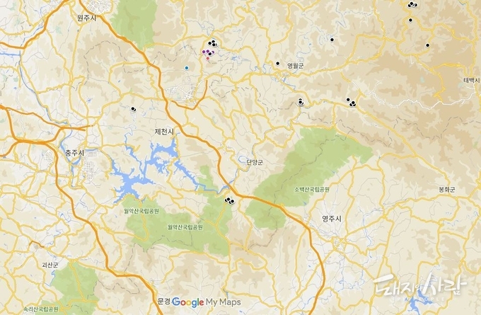 충북 단양과 제천, 영월 등 ASF 양성멧돼지 발견지점@구글지도 편집