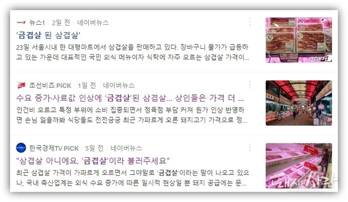 금겹살 관련 최근 언론 기사들@네이버 갈무리