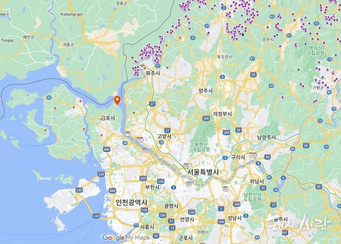 28일 김포 ASF 발생농장(빨간 풍선, 주황점 이전 발생농장, 나머지 감염멧돼지 발견지점)@구글지도