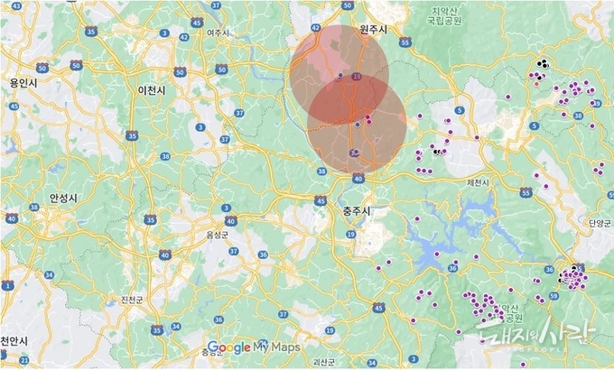 원주 감염멧돼지 발견지점(빨간원은 반경 10km, 다른 점은 기존 감염멧돼지 발견지점)@구글지도