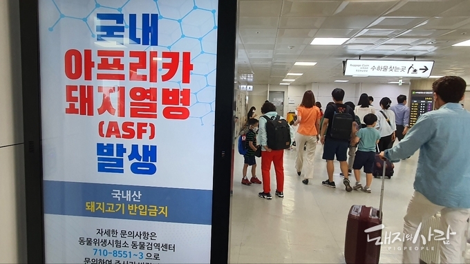 제주공항 내 돼지고기 불법 반입금지 안내문@돼지와사람