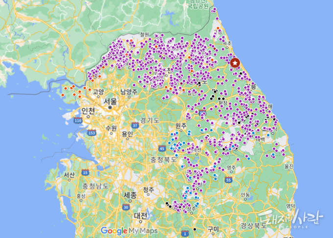 국내 ASF 발생지도(파랑, 최근 한 달간 감염멧돼지 발견지점, 보라 및 보라, 기존 감염멧돼지 발견지점, 주황 사육돼지 발생지점)@구글지도