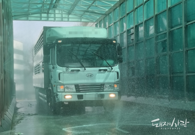 거점소독시설 차량 소독 모습@경상남도