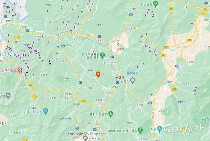 지난 14일 경기도 포천 발생농장(주황 풍선)@구글지도