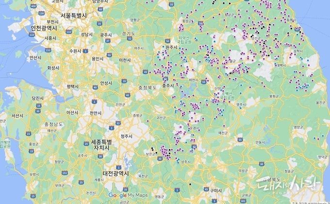 ASF 발생지도(파란점: 4월 추가 감염멧돼지 발견지점)@구글 지도 편집