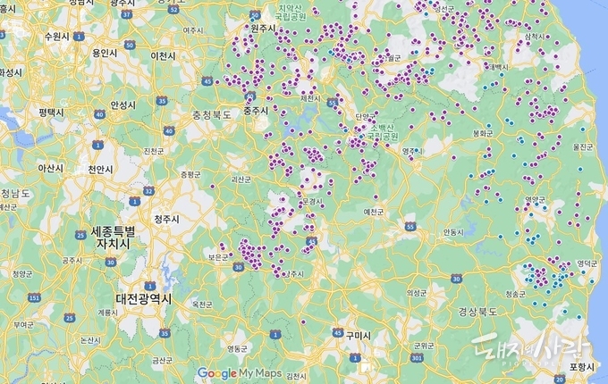 ASF 감염멧돼지 발견지점(11.12 기준, 파랑: 최근 한 달 이내, 보라: 한 달 이전)@구글지도