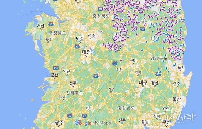 11일 기준 국내 ASF 발생지도(파랑: 최근 한 달간 감염멧돼지 발견지점, 보라: 기존 감염멧돼지 발견지점)@구글지도