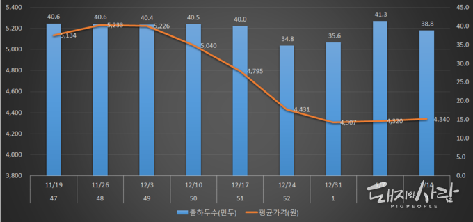 최근 주간별 출하두수(만 두) 및 평균 가격(원)@축산물품질평가원