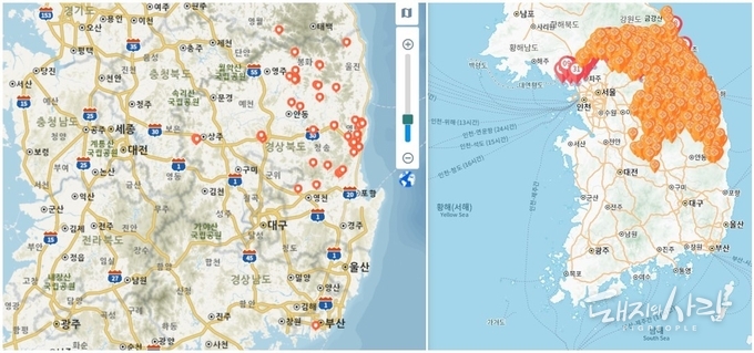 ASF 발생지도(1.22 갈무리, 왼쪽 국립야생동물질병관리원, 오른쪽 농림축산식품부)