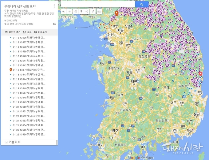 돼지와사람의 ASF 발생지도@구글지도