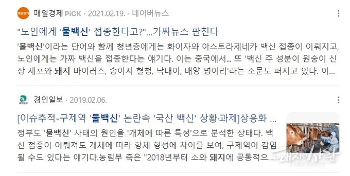 과거 물백신 관련 뉴스 기사@네이버 갈무리