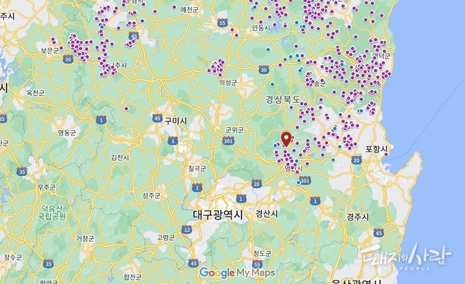 15일 오전 경북 영천 소재 양돈장(빨간 풍선)에서 ASF 의심축 발생신고가 접수되었습니다@구글지도