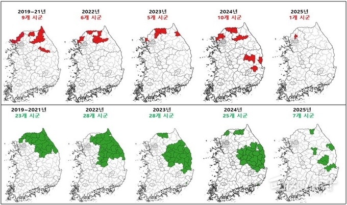 ASF 발생 추이(위:사육돼지, 아래:멧돼지, '25년 4월 16일 기준)@경기도청