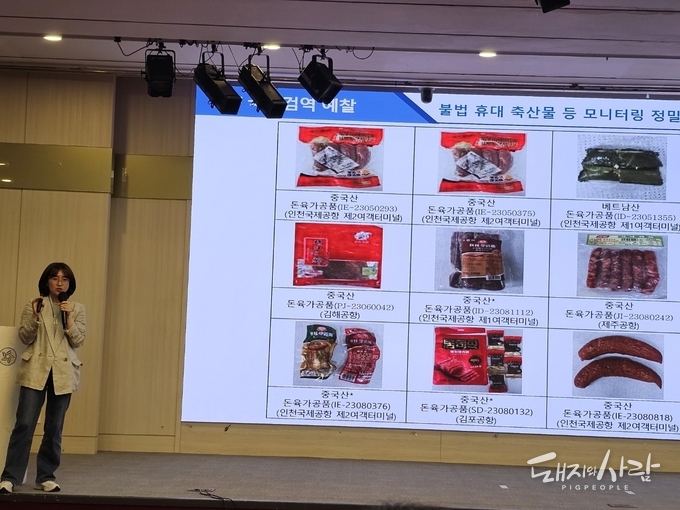 해외휴대축산물에서 ASF 바이러스, 심지어 재조합 바이러스(*별표) 유전자가 검출되고 있다고 발표하는 강해은 과장@돼지와사람
