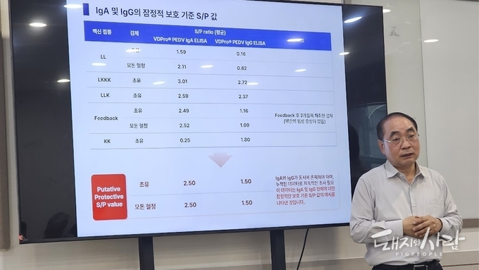 피드백을 포함 다양한 백신 프로그램을 적용한 돈군의 서로 다른 IgA, IgG 항체가를 설명하는 오진식 대표@돼지와사