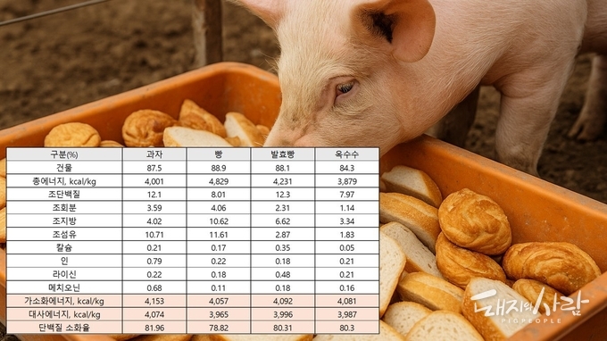 제과·제빵부산물 원료 내 영양소 가치 평가 결과@농촌진흥청(돼지이미지는 AI로 제작함)
