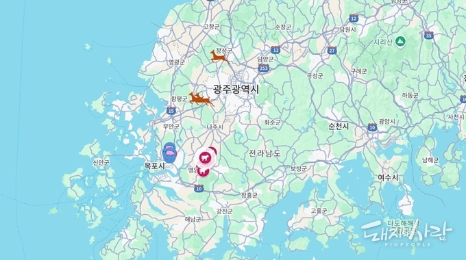 올해 구제역이 발생한 전남 영암·무주와 가까운 함평과 장성에서 5월경 포획된 야생 고라니 3마리가 구제역 감염 항체 양성 반응을 보였습니다@구글지도