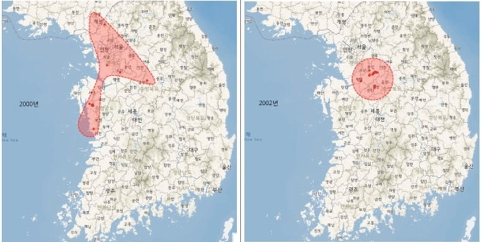 2000년(왼쪽), 2002년(오른쪽) 구제역 발생지도@2023년 구제역 역학조사 분석보고서