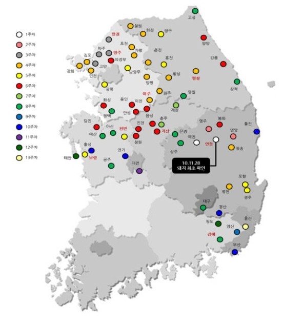 2010-2011 시점별 구제역 발생 지도@2011 구제역 백서(경기도축산위생연구소)