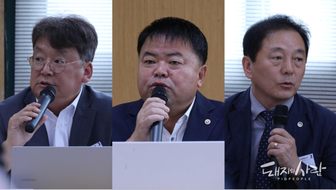 왼쪽부터 기호 3번 한동윤 후보, 기호 2번 이기홍 후보, 기호 1번 구경본 후보@@돼지와사람