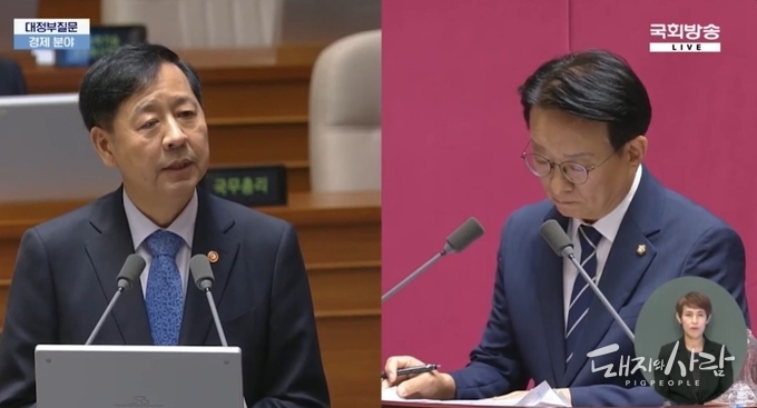 17일 국회 경제 분야 대정부 질문(왼쪽부터 구윤철 경제부총리, 권칠승 의원)@국회방송 갈무