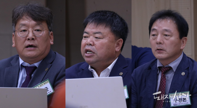 왼쪽부터 기호 3번 한동윤 후보, 기호 2번 이기홍 후보, 기호 1번 구경본 후보@돼지와사람