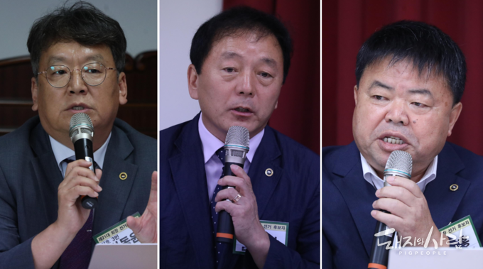 왼쪽부터 3번 한동윤 후보, 1번 구경본 후보, 2번 이기홍 후보@돼지와사람