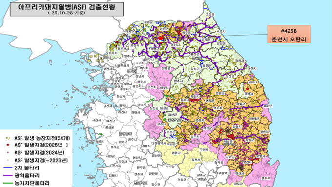 [ASF 실시간 현황판] 야생멧돼지 10.28일 1건(춘천) 발생
