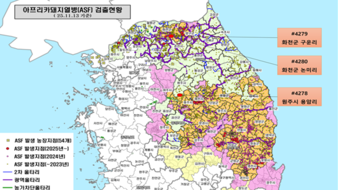 [ASF 실시간 현황판] 야생멧돼지 13일 3건(원주1, 화천2) 발생