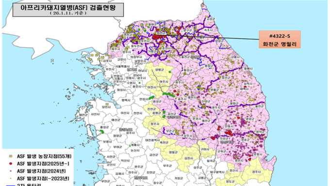 [ASF 실시간 현황판] 야생멧돼지 1일 4건 추가...1월 누적 9건