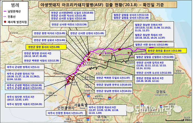 8일 기준 감염멧돼지 발견 요약@환경부